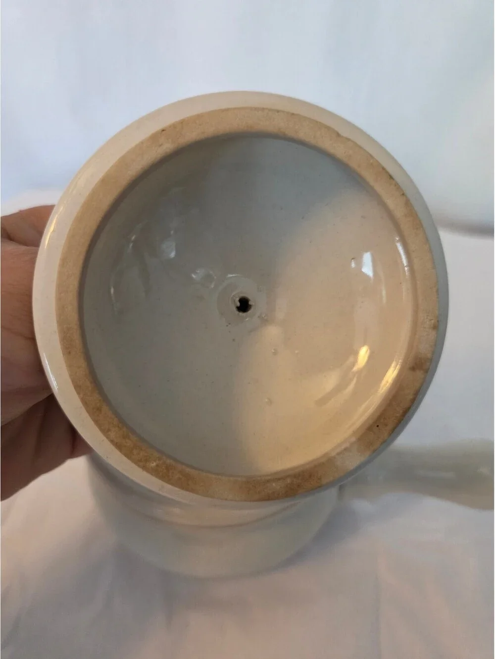 Vintage Ceramic Saucepan with Lid and Handle, Cream and Blue Stripes